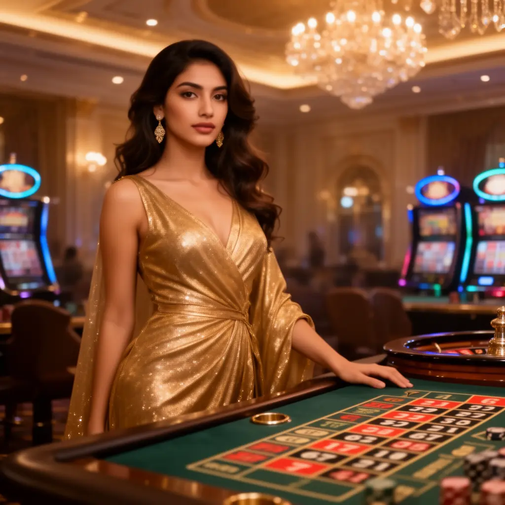 KKK333 – Discover a world of luxury casino gaming for Bangladesh Confident casino hostess in a sparkling gold outfit standing by a roulette table in a luxury gaming hall at KKK333 casino for players in Bangladesh